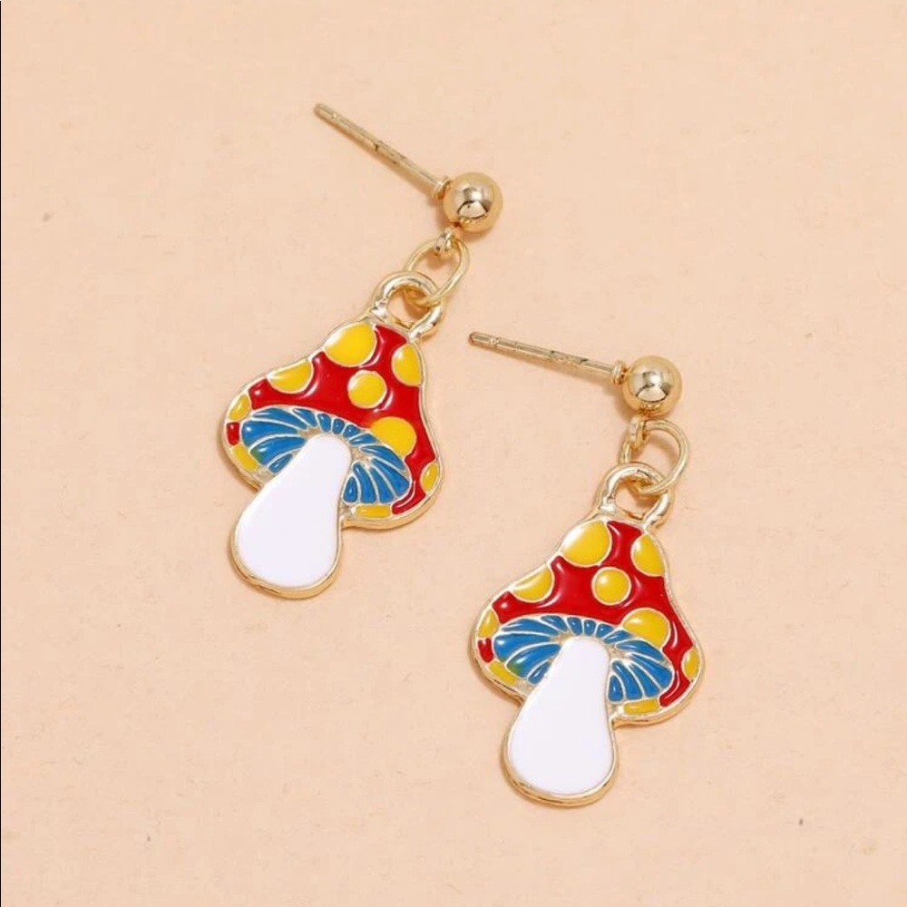Retro Psychedelic Mushroom Drop Earrings - Picture 2 of 4